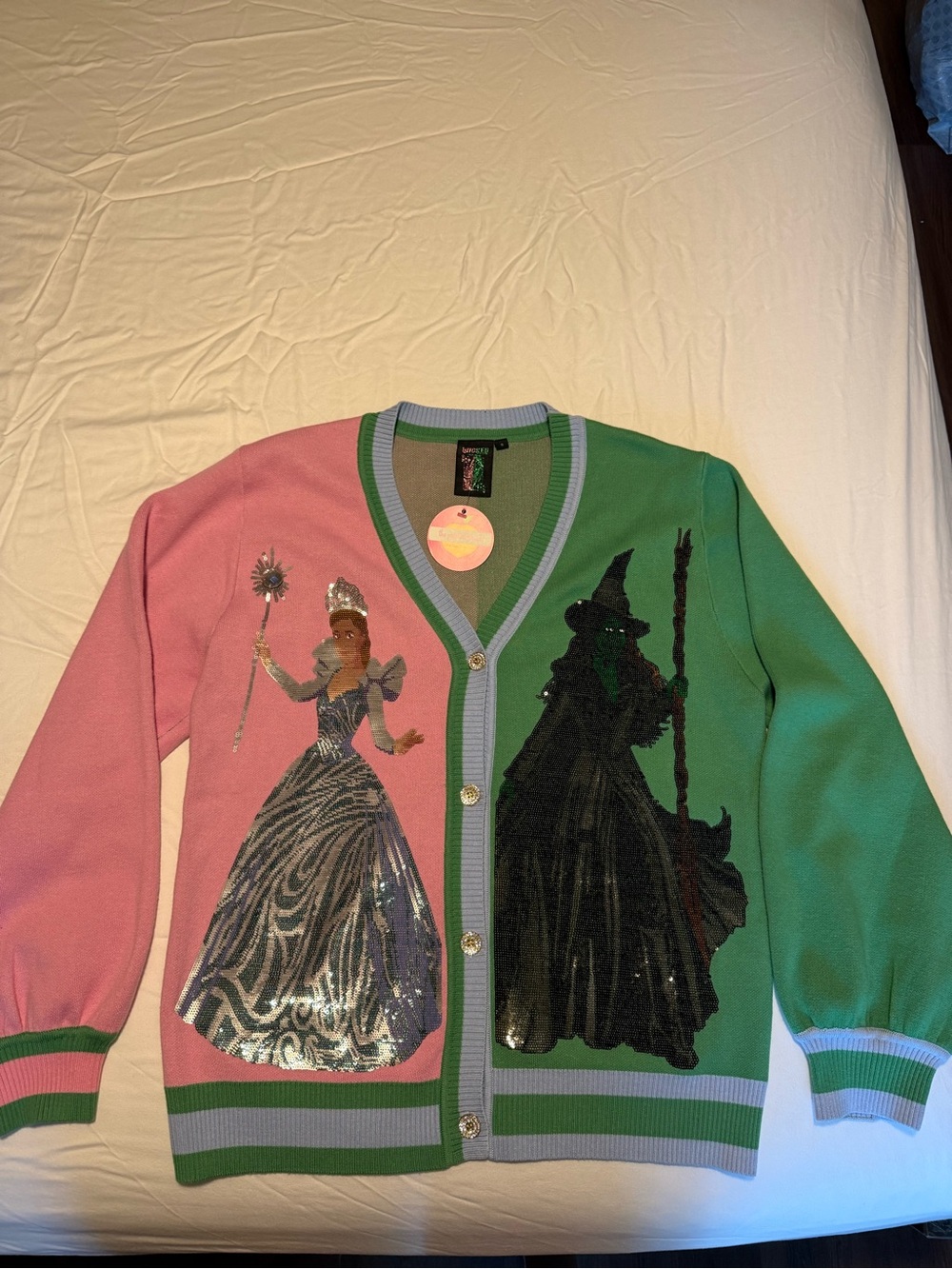 Colorblock Pink & Green Cardigan Sweater with Sequin Wizard and Princess Motifs